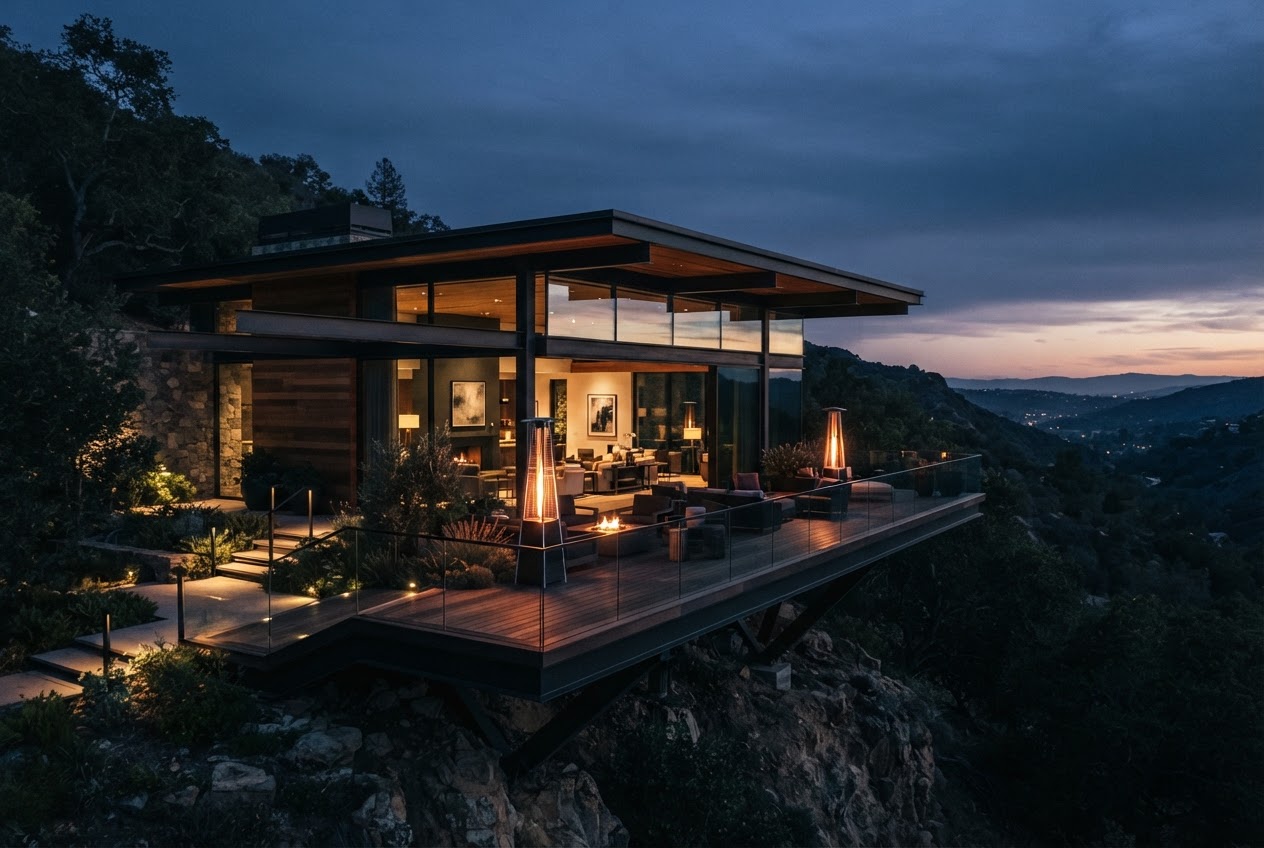 Canyon Glass Pavilion — frame 1: glass pavilion above the canyon