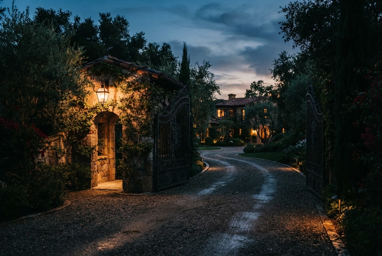 The Olive Terrace — frame 1: motor court at dusk