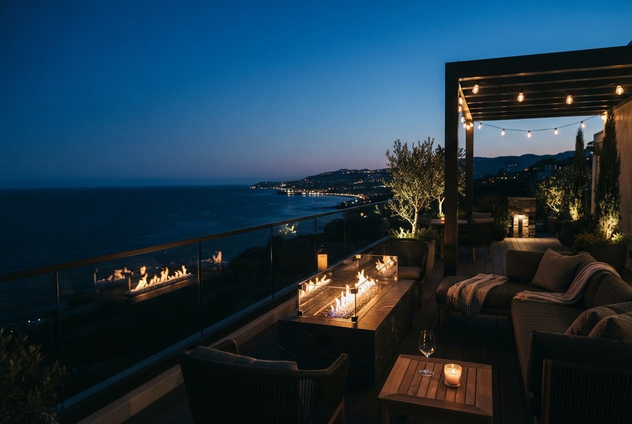 Canyon Glass Pavilion — frame 3: rooftop terrace at twilight