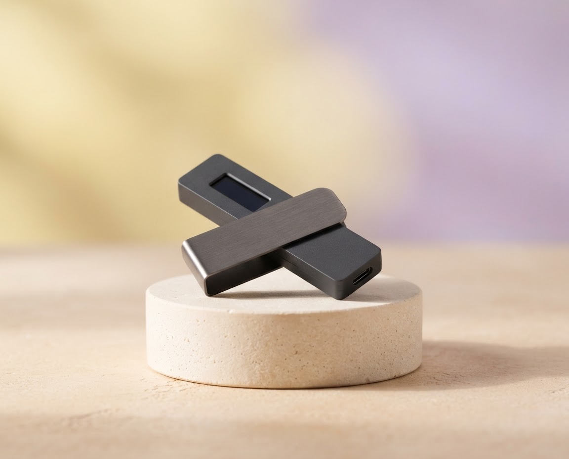 A compact hardware wallet resting on a softly lit stone pedestal