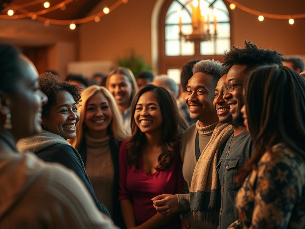 A warm and inviting church community gathering, with diverse people