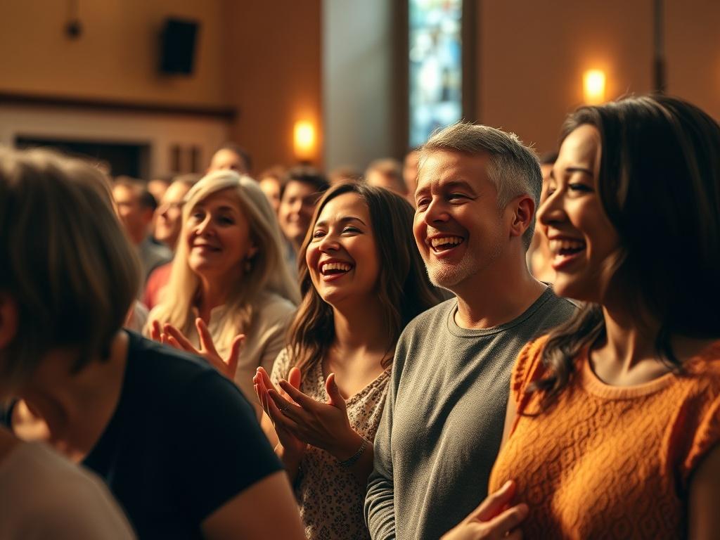 A lively church service filled with joyful expressions, featuring congregants