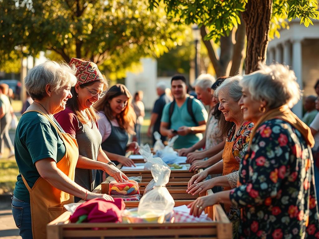 A vibrant community outreach scene with volunteers of all ages