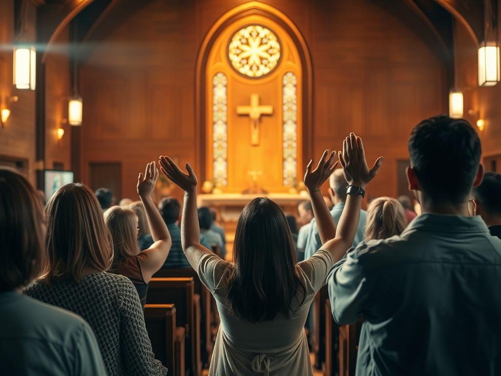 A serene worship service at a church, featuring a beautifully