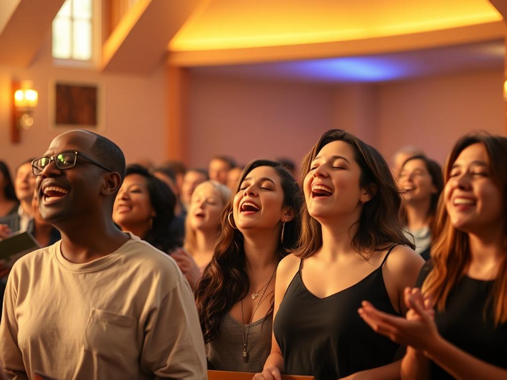 A serene church interior during a worship gathering, with warm