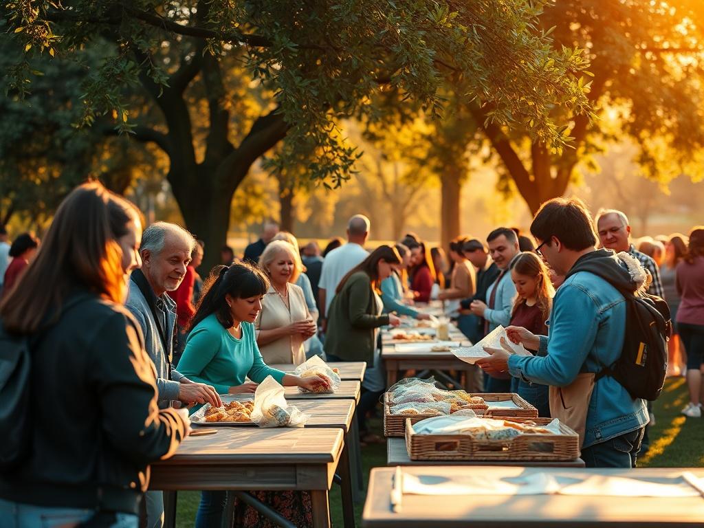 A vibrant community outreach event in a park, showcasing individuals