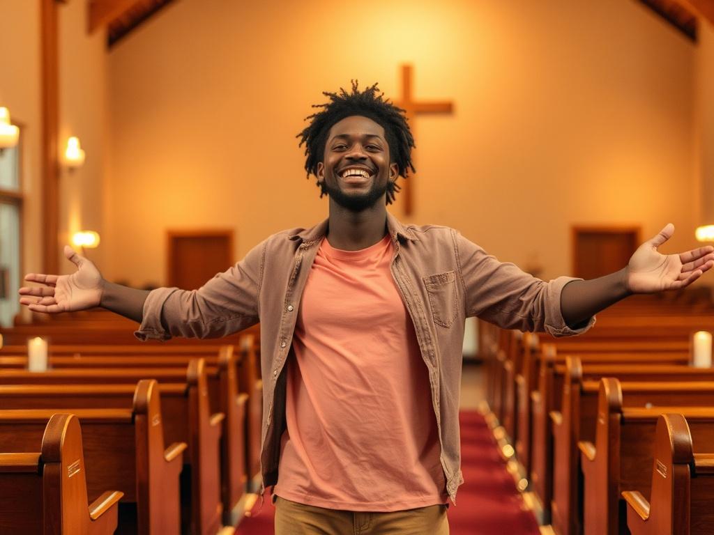 Create a realistic high-resolution photo that captures the essence of celebration and community at City Celebration Church. The composition should be simple and clear, focusing on a single subject: a smiling, joyful person of African descent, standing amidst a warm and inviting church environment. 

The subject should be dressed in casual, colorful attire that symbolizes joy and togetherness, with their arms open wide in a welcoming gesture, depicting the spirit of celebrating unity through worship. The bac