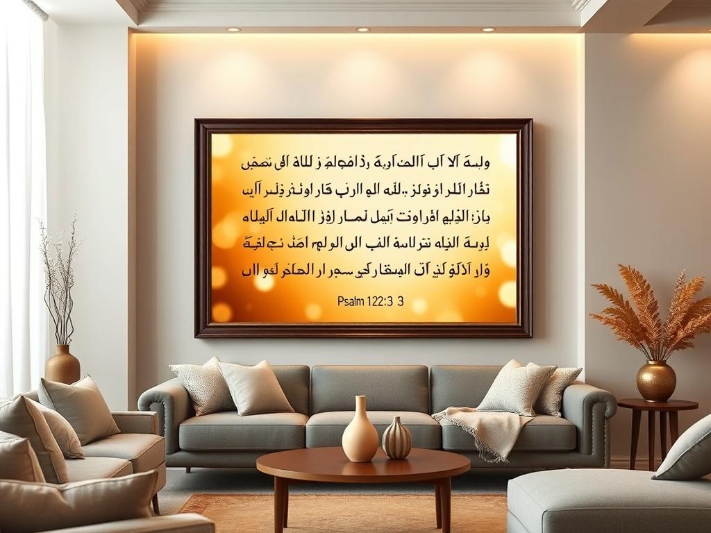 A high-resolution image of a beautifully framed Ethiopian Bible Scripture wall art piece, featuring the text of Psalm 122:1-3 in elegant lettering. The background should be softly lit, with warm golden hues creating a serene atmosphere. The wall art should be displayed in a cozy living room setting, surrounded by neutral-colored decor. The focus should be on the wall art itself, highlighting its elegance and spiritual significance.