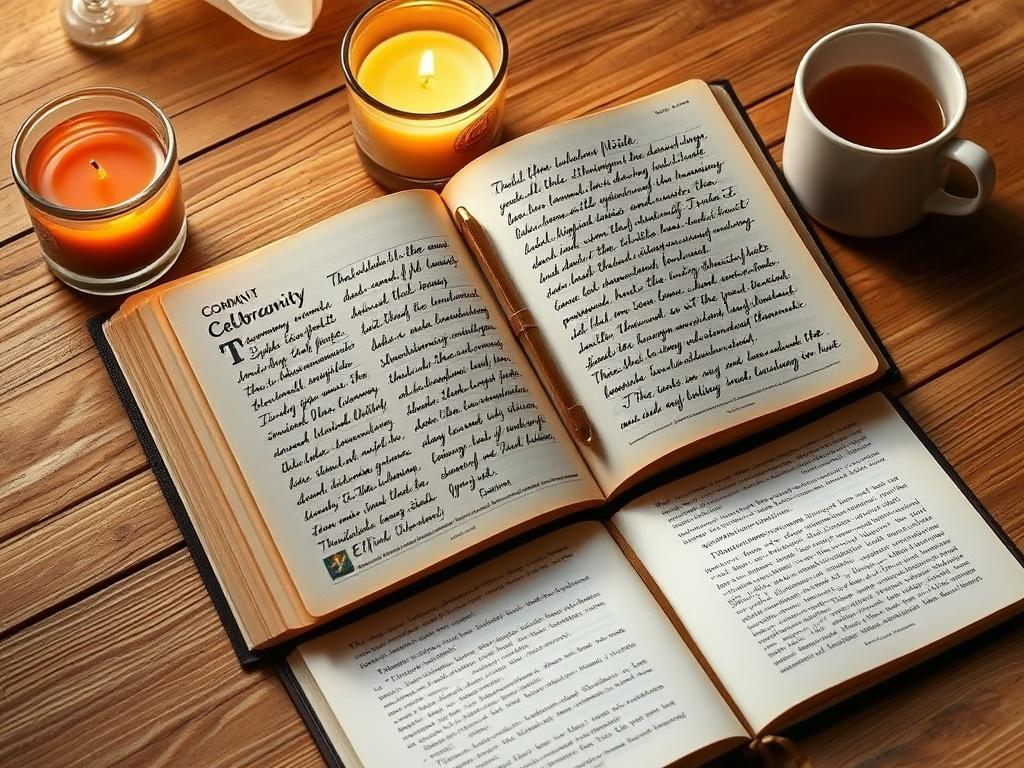 A high-resolution image of an open Community Celebration Journal, showcasing pages filled with handwritten notes and inspirational quotes from the Ethiopian Bible. The journal should be placed on a wooden table with a cozy ambiance, surrounded by a lit candle and a cup of tea. Soft lighting should enhance the warm tones of the journal cover, inviting viewers to explore their spiritual journey.