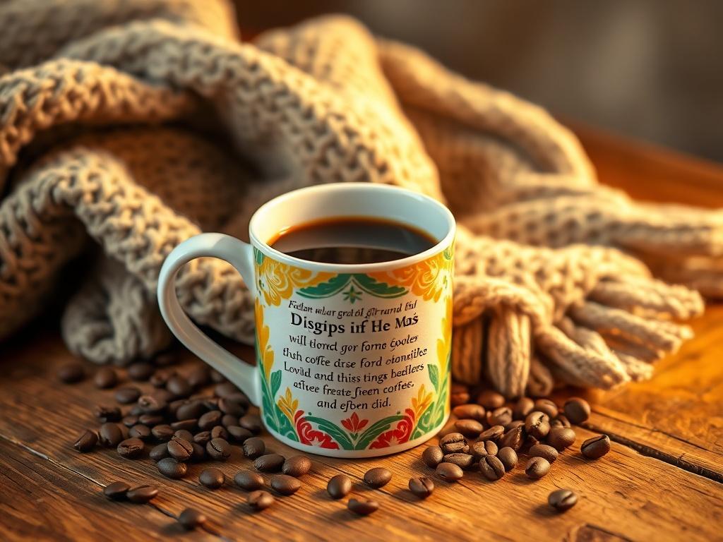 A high-resolution image of the Ethiopian Faith-Inspired Mug filled with coffee, placed on a rustic wooden table. The mug should be beautifully designed with vibrant colors and scripture artwork, surrounded by a few coffee beans and a cozy knit blanket. Soft, golden lighting should create a warm, inviting atmosphere, making it perfect for daily use.