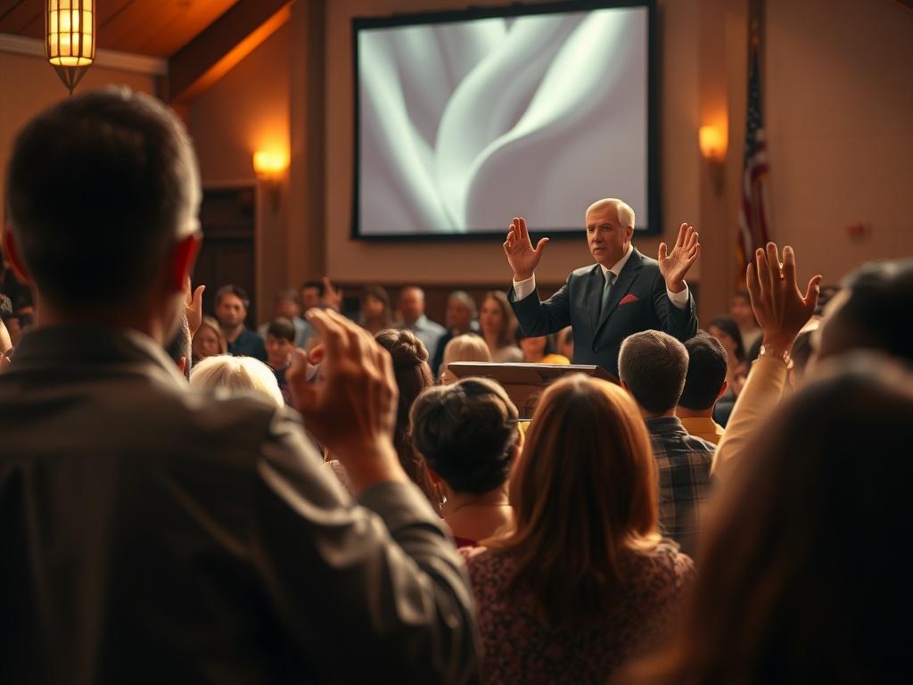 A serene worship scene with a passionate pastor leading a heartfelt service. The congregation is engaged, with raised hands and expressions of worship. The setting should be warmly lit, creating an inviting atmosphere that reflects reverence and joy, emphasizing the importance of worship in the community.