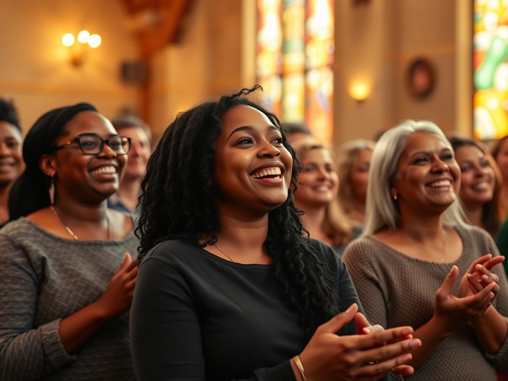 A warm and inviting church service with diverse community members smiling and engaging in joyful worship. The atmosphere should be cozy, with golden hues and soft lighting, highlighting the sense of community and togetherness. The background should depict a welcoming church interior that reflects a spirit of unity and celebration.