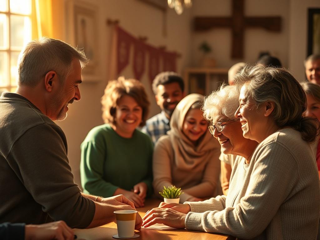 A group of diverse individuals engaged in community activities, showcasing collaboration and support. The scene should be filled with warmth and happiness, reflecting the unity and strength of the church community. Soft, golden lighting should enhance the atmosphere, making it inviting and uplifting.