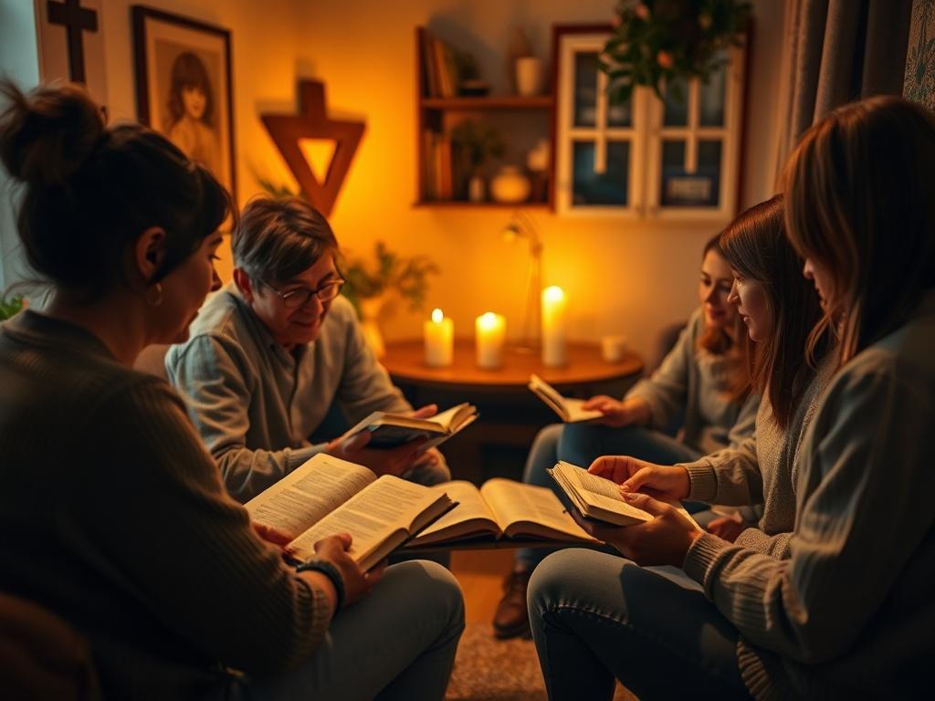 A small group gathered in a cozy setting, engaged in a Bible study session. Soft lighting creates an intimate atmosphere, and participants are seen sharing insights, with Bibles and notebooks open, emphasizing spiritual growth and connection.