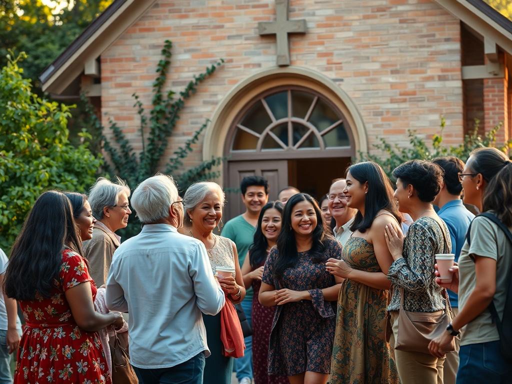 A lively community gathering outside the church, with diverse individuals engaging in friendly conversations and activities. The scene is filled with laughter and warmth, set against a backdrop of the church building surrounded by greenery.
