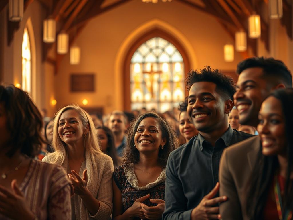A warm and inviting church interior filled with congregants gathered in prayer and worship. Soft golden lighting enhances the serene atmosphere. The focus is on diverse individuals smiling and interacting, embodying unity and joy within the sacred space.