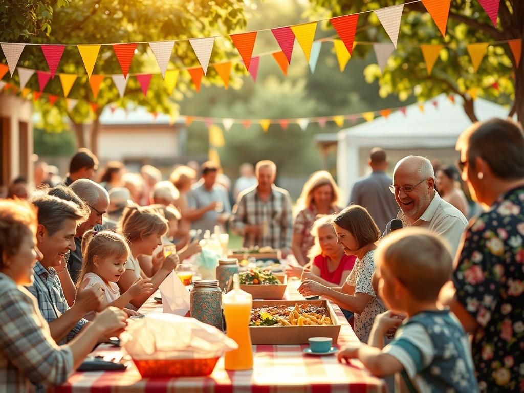 A festive church event outdoors, with families and friends enjoying food, games, and music. The scene is filled with laughter and joy, showcasing a strong sense of community and celebration. Colorful decorations enhance the cheerful atmosphere.