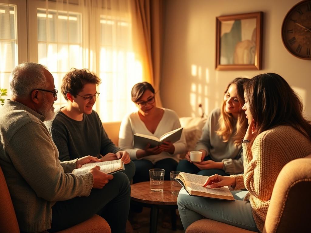 A peaceful Bible study setting with a small group of diverse individuals engaged in discussion. The room is softly lit with golden hues, creating a serene and inviting atmosphere. Elements like open Bibles, notepads, and warm beverages should be present, emphasizing a sense of community and shared learning. The focus is on the participants actively listening and sharing insights, showcasing unity and spiritual growth.