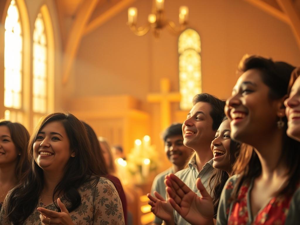 A warm and inviting church interior filled with light, showcasing a diverse group of people smiling and engaging in worship. The atmosphere should evoke a sense of community and joy, with soft golden lighting illuminating the space. The focus is on the congregation gathered together in fellowship, with elements symbolizing unity and celebration, such as candles or decorative floral arrangements.