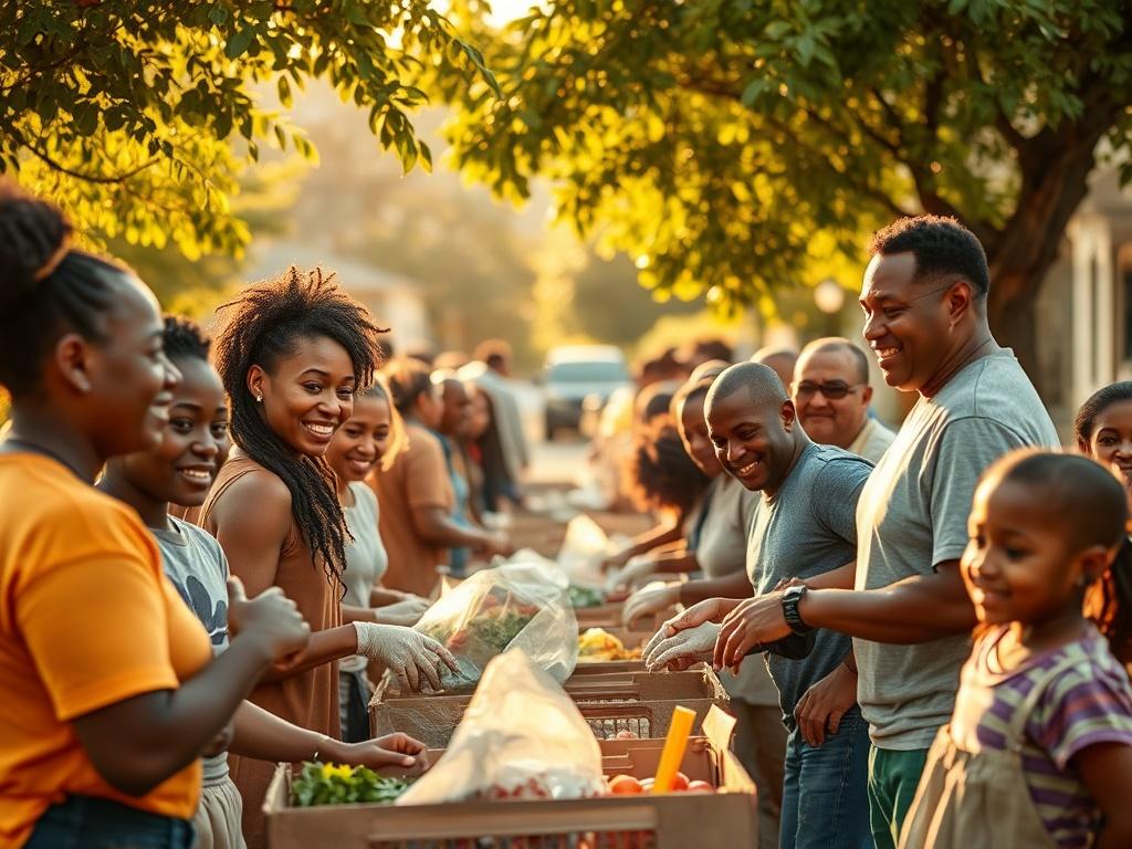 A vibrant community service event where members of the church are actively involved in helping others. The scene is filled with people of all ages working together, smiling, and engaging in various activities such as food distribution or neighborhood cleanup. The background should feature natural elements and warm lighting, creating a positive and uplifting atmosphere that reflects the spirit of unity and fellowship.
