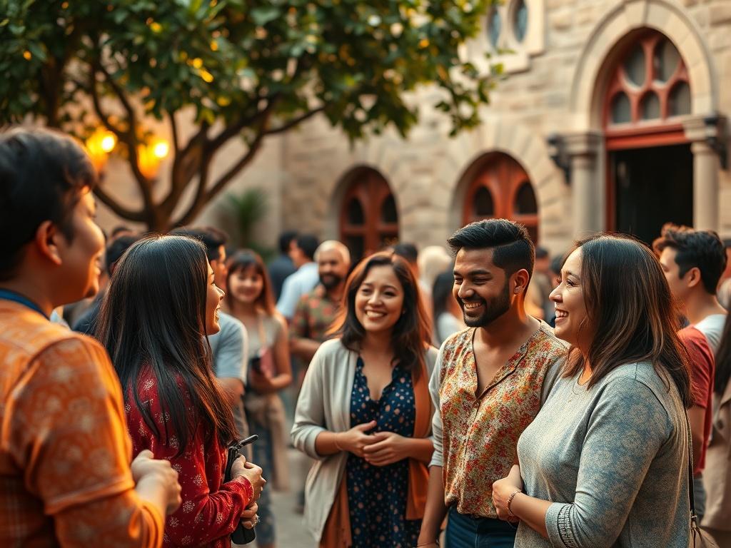 A vibrant community gathering in a church courtyard, showcasing diverse individuals engaging in conversation and laughter, with warm golden lighting creating an inviting atmosphere of support and friendship.
