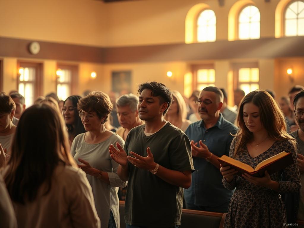 A serene worship scene with individuals engaged in heartfelt prayer and music, soft golden light illuminating the space, reflecting a deep spiritual connection and community interaction.