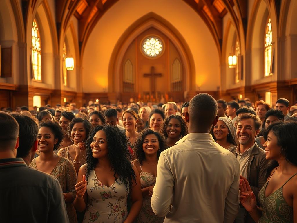 A warm and inviting church interior filled with diverse individuals joyfully gathering, soft golden lighting illuminating the space, creating a serene atmosphere that radiates happiness and unity.