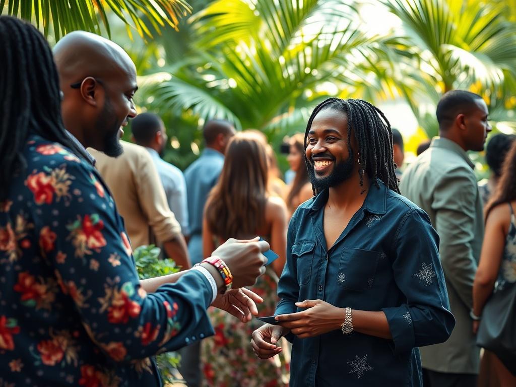 A vibrant and engaging image showcasing a Jamaican networking event, featuring a diverse group of people interacting, sharing ideas, and collaborating. The background includes tropical plants and a sunny atmosphere, evoking a lively, friendly environment. Focus on two individuals exchanging business cards, with smiles and enthusiasm, embodying the spirit of community and marketing. The composition is clear, with bright colors reflecting the Jamaican culture, and the image is shot with a 45mm f/1.2 lens to e