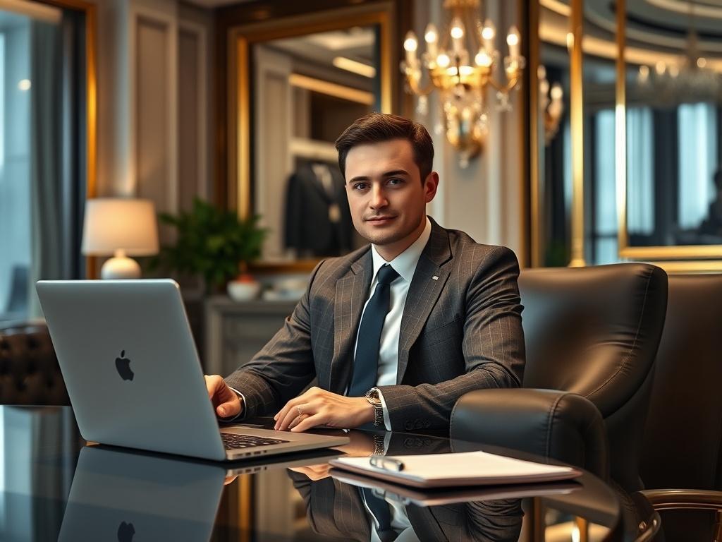 A luxurious office setting featuring a well-dressed professional sitting at a sleek desk, engaging in a video call. The background showcases elegant decor with soft lighting, creating an inviting atmosphere. The focus is on the individual, highlighting their confidence and approachability, while a laptop and a notepad are visible, symbolizing strategic consultations. The image conveys a sense of professionalism and sophistication.