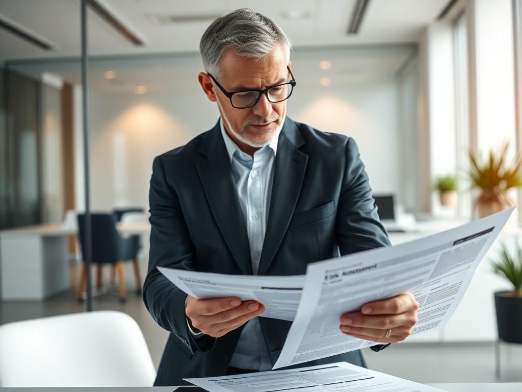 A close-up shot of a crisis management consultant reviewing a detailed risk assessment document in a modern office setting. The background features a sleek, professional workspace, creating an atmosphere of preparedness. Shot with a 45mm f/1.2 lens for a hyper-realistic effect, emphasizing the consultant’s focused demeanor.