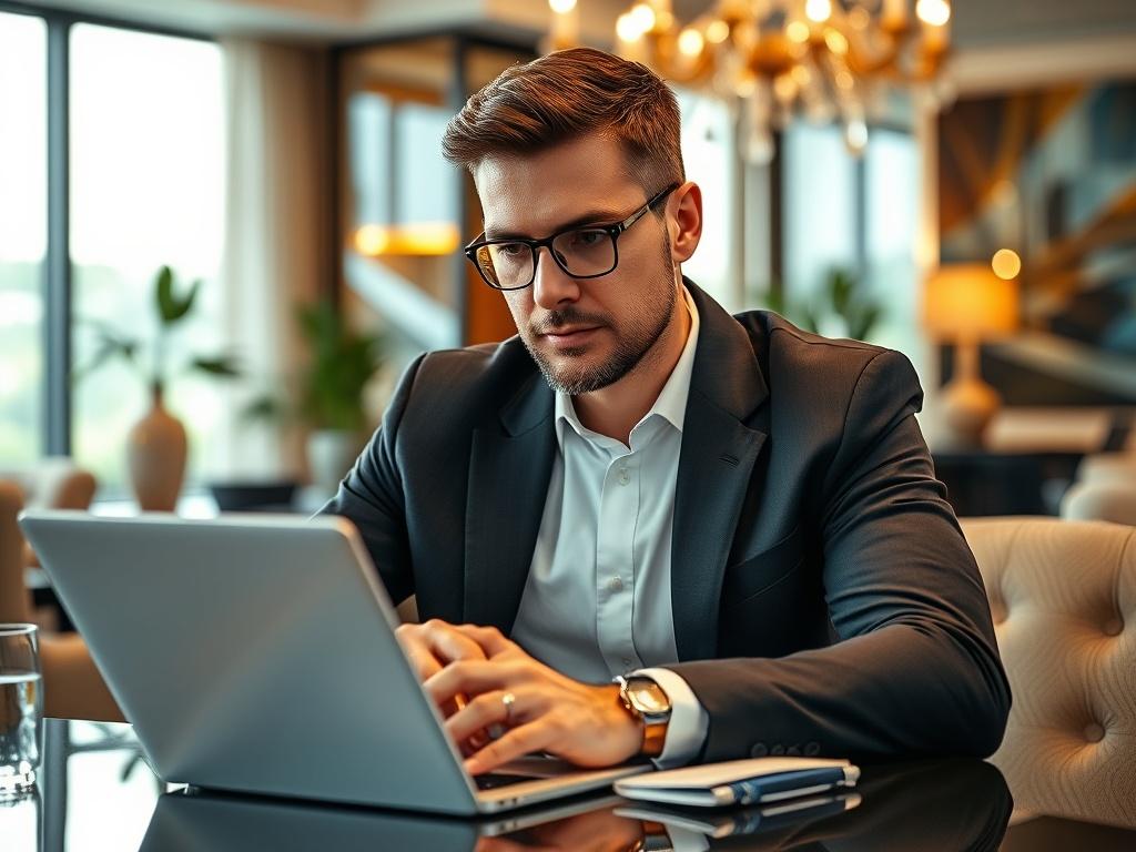 A close-up shot of a confident business professional analyzing data on a laptop, surrounded by elegant office decor. The background shows a luxurious workspace with modern design elements, and the lighting highlights the professional's focused expression. Shot with a 45mm f/1.2 lens for a hyper-realistic effect, ensuring clarity and depth.