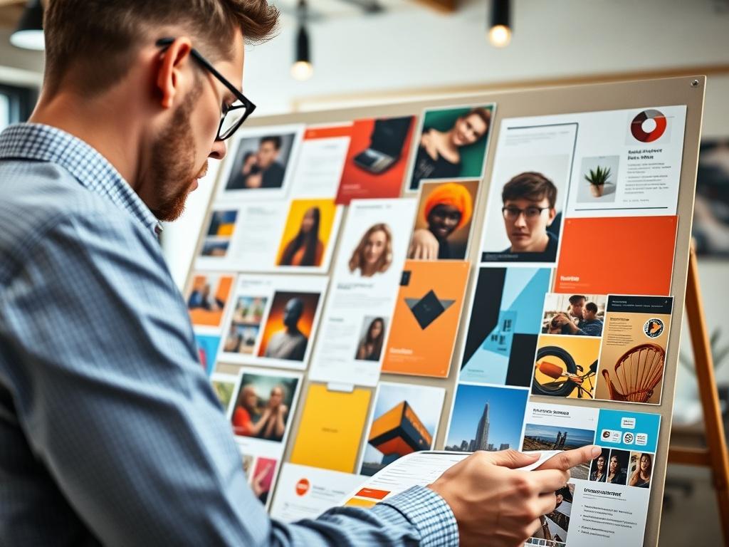A close-up shot of a brand strategist working on a mood board filled with vibrant colors and images representing brand identity. The background features a stylish office with modern design elements, creating an inspiring atmosphere. Shot with a 45mm f/1.2 lens for a hyper-realistic effect, focusing on the details of the mood board.