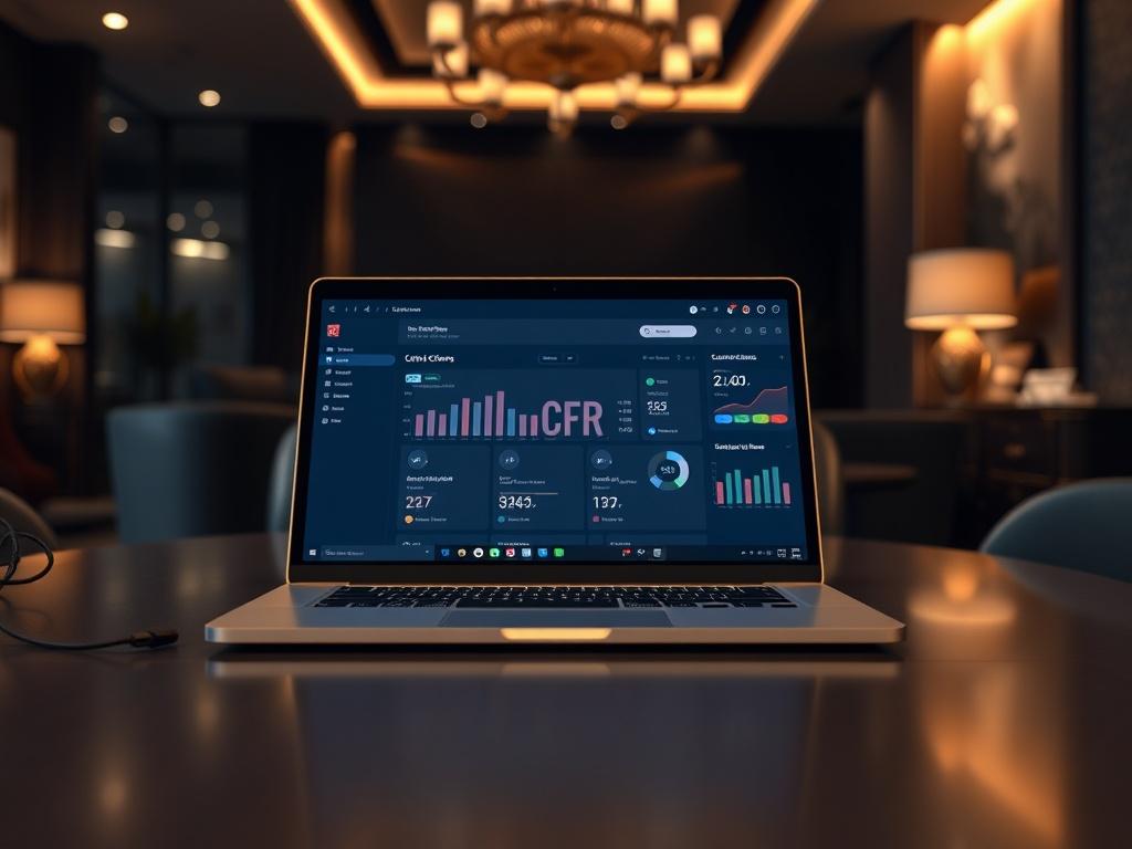 An elegant, minimalist desk with a premium laptop open to a CRM dashboard showcasing client interactions. The background features a luxury office with dark tones and warm ambient lighting, emphasizing sophistication and modernity. The focus is on the laptop and the CRM interface, highlighting its user-friendly design.