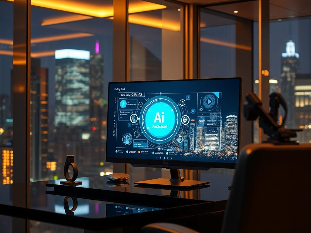 A futuristic luxury office setting with a digital interface showcasing an AI assistant in action on a sleek monitor. The background features glass walls reflecting a vibrant city at night, with warm gold lighting creating a sophisticated atmosphere. The focus is on the AI interface, highlighting its user-friendly design and functionality.
