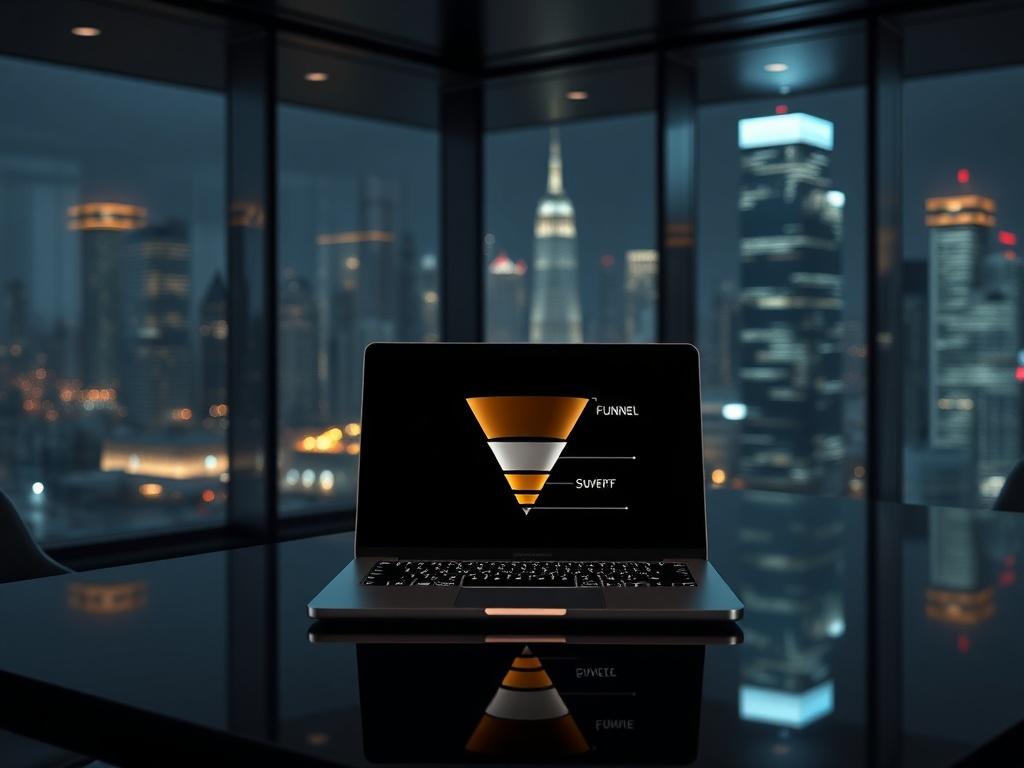 A luxury dark office environment featuring a sleek modern desk with a laptop displaying a funnel diagram. The background showcases a city skyline at night through glass walls with warm ambient lighting. The focus is on the laptop and funnel diagram, emphasizing clarity and professionalism.