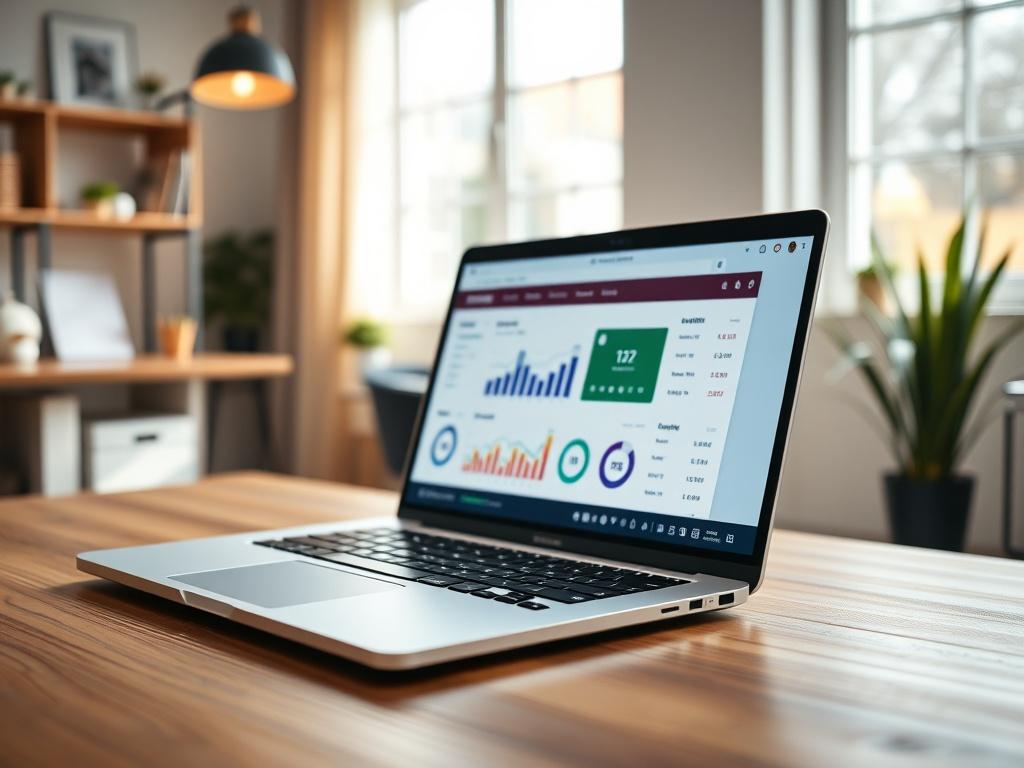 A close-up shot of a modern, sleek laptop displaying a colorful CRM dashboard on the screen. The laptop is placed on a minimalist wooden desk with a soft-focus background featuring a cozy office environment. Bright natural light filters in through a nearby window, creating a warm and inviting atmosphere. The overall composition should emphasize the laptop and its screen, showcasing the vibrant CRM interface clearly.