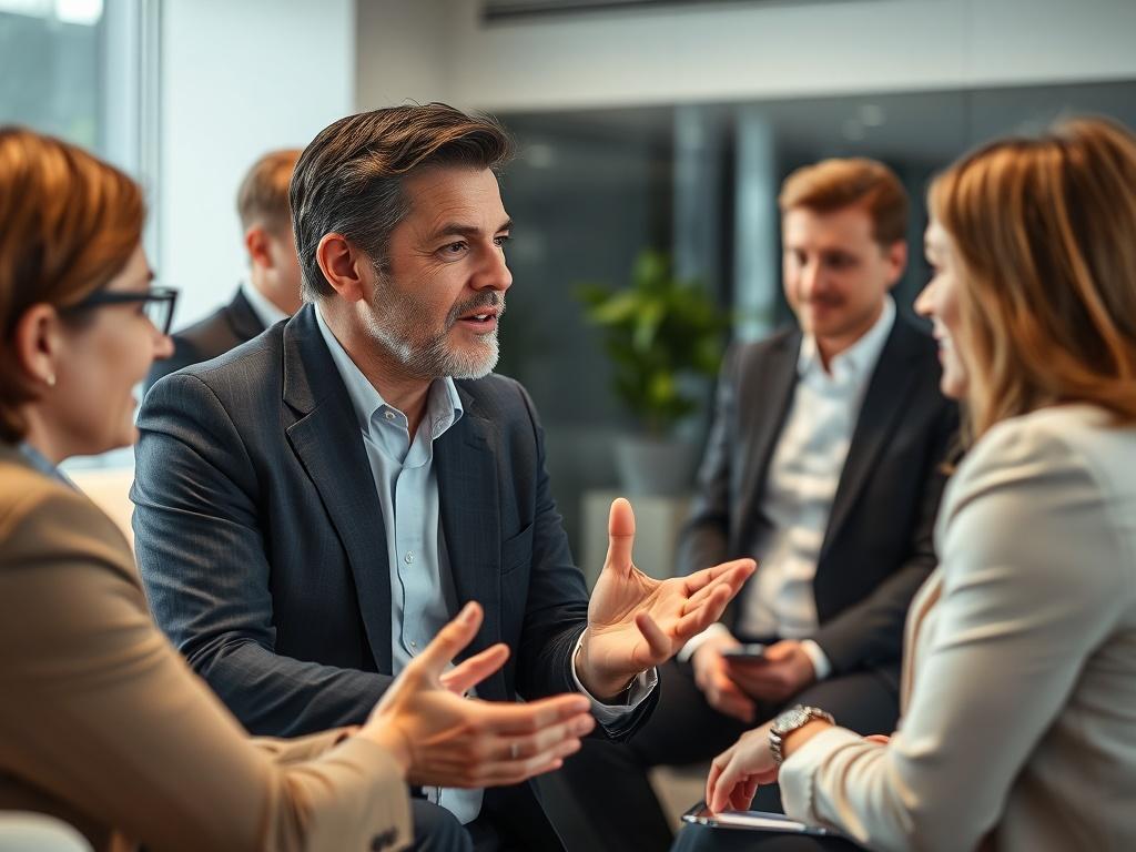 A close-up shot of a well-known public figure engaging in a lively discussion with a team of advisors in a modern office. The subject, confidently dressed, is gesturing while explaining a point. The office has sleek design elements, with subtle references to the primary color #CFB07C in furnishings or decor, creating a professional yet inviting atmosphere.