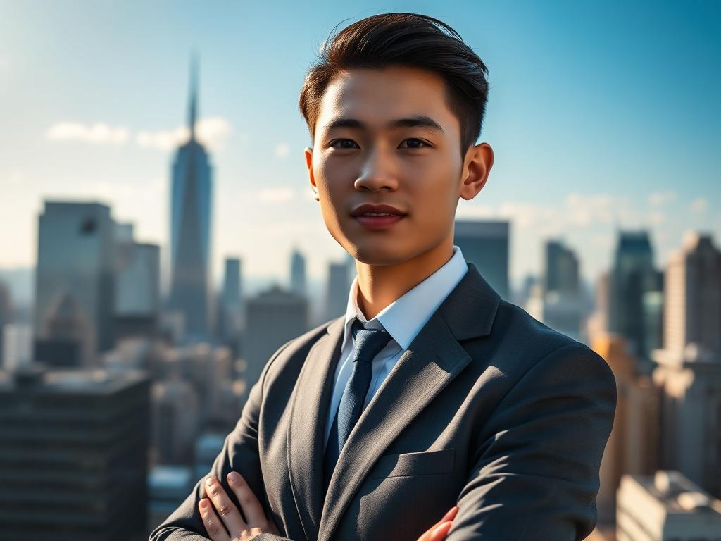 A close-up shot of a confident young professional standing against a vibrant city skyline, showcasing determination and ambition. The subject is dressed in business attire, exuding a sense of readiness for media engagement. The background is slightly blurred to emphasize the subject, while the primary color #CFB07C subtly highlights certain elements in the scene, such as the sunlight glinting off buildings.