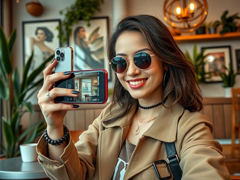 A close-up shot of a trendy influencer posing with a smartphone in hand, capturing a moment in a stylish café. The subject has a confident smile, wearing chic fashion accessories. The ambiance of the café, decorated with plants and art, mirrors a contemporary lifestyle. The primary color #CFB07C is integrated into the café décor, enhancing the overall aesthetic of the image.