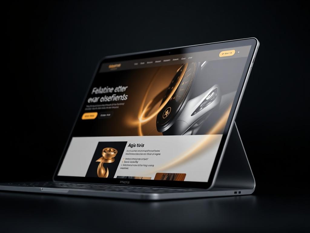 A luxurious website layout displayed on a modern device against a dark background, with soft gold accents and glass textures. The design should emphasize elegance and functionality, showcasing a premium digital experience.