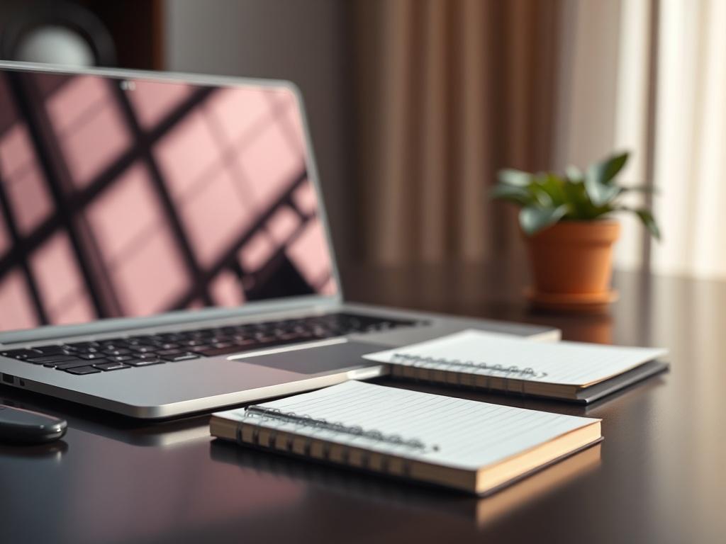 A hyper-realistic photo showing a professional workspace, featuring a sleek desk with a modern laptop, a notepad with a pen, and a potted plant on the side. The background should be softly blurred to emphasize the workspace, creating an atmosphere that suggests productivity and professionalism. The primary color rgb(2, 86, 197) should subtly accent the workspace elements.