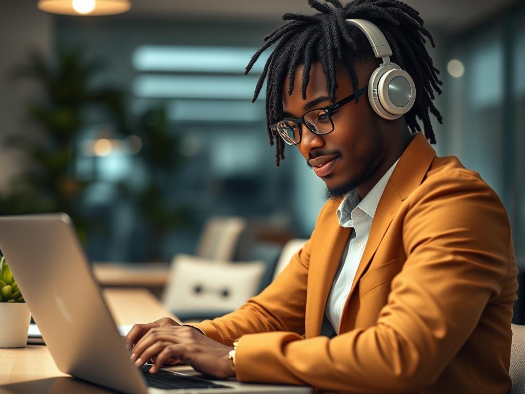 A close-up shot of a professional individual from Jamaica, showcasing a confident demeanor while engaging with a laptop, symbolizing digital presence and online interaction. The background is a modern workspace, emphasizing an environment conducive to productivity. The image should reflect warm island tones, highlighting the individual's connection to Jamaican culture, while maintaining a clean and focused composition.