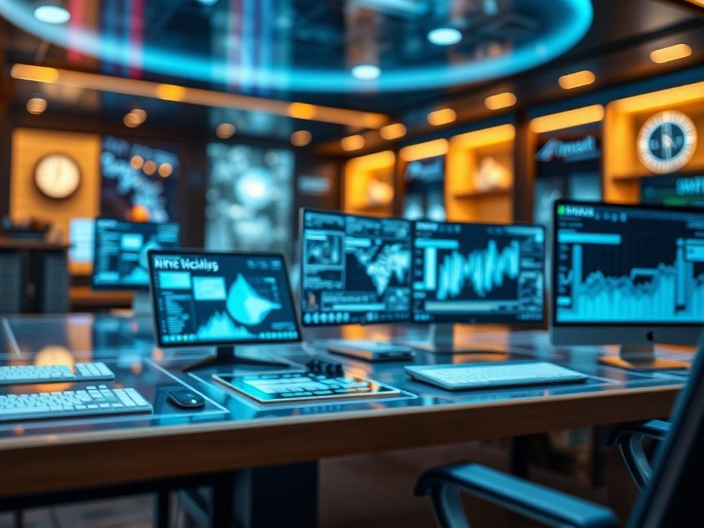 A luxurious technology environment featuring sleek digital interfaces, showcasing the development of modern systems. The visuals emphasize premium design and advanced technology in a high-end workspace.