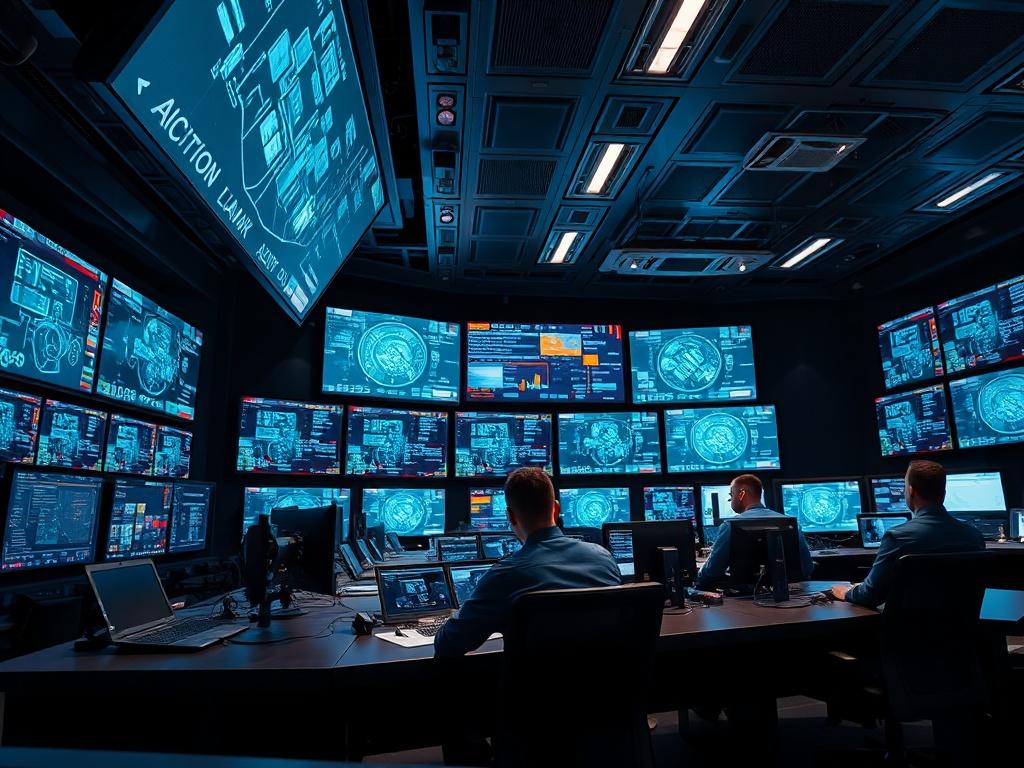 A luxury command center environment filled with high-tech screens and professionals overseeing the launch of digital systems. The atmosphere conveys a sense of precision and control in a modern operational space.