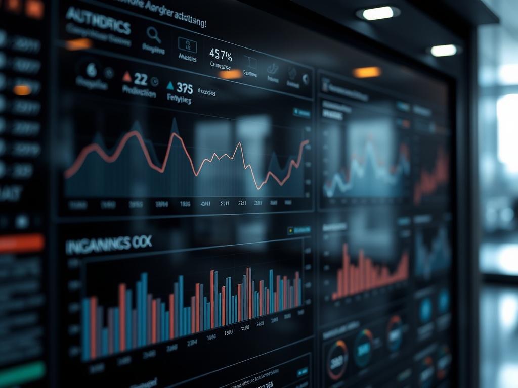 A dark-themed digital dashboard interface with glass overlays displaying analytics and performance metrics. The environment suggests a high-tech atmosphere, illustrating the evaluation of systems and digital presence.
