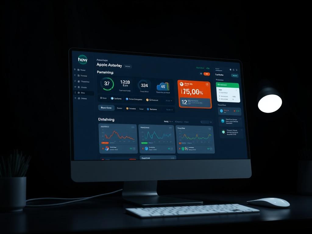 A modern workspace with a sleek desktop computer displaying a dashboard of automated workflows. The background is dark and minimal, emphasizing the high-tech nature of the automation tools.