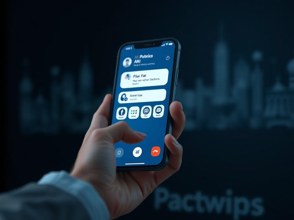 A close-up of a smartphone displaying a sleek AI communication app interface, set against a dark, minimalistic background. The focus is on the phone, with a blurred environment to emphasize the advanced technology.