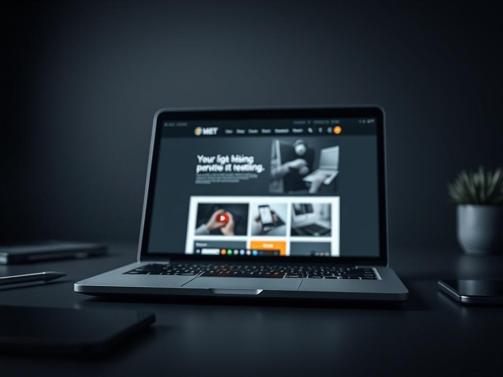 A minimalistic, dark-themed workspace showcasing a close-up of a sleek laptop displaying a modern website design on the screen. The background is softly blurred, highlighting the laptop's screen while maintaining an elegant and premium aesthetic.