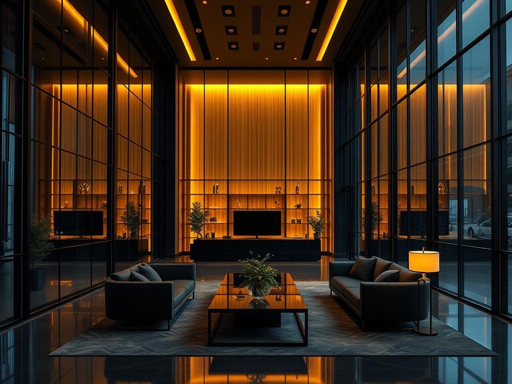 A luxury office environment showcasing modern architecture with glass walls and warm gold accent lighting. The composition should focus on a dark executive environment that feels editorial and cinematic. Large spacing between elements, emphasizing luxury and minimal clutter. The image should evoke a sense of a premium executive consulting office, incorporating elements like sleek furniture and sophisticated decor to portray a high-end brand atmosphere.