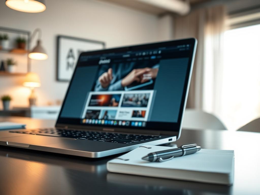 A close-up shot of a professional workspace featuring a laptop open on a desk with a sleek design. The focus is on the laptop screen displaying a modern website interface. A notepad and a stylish pen are nearby, with a blurred background showing a cozy office ambiance. The lighting is bright and inviting, emphasizing the workspace theme.